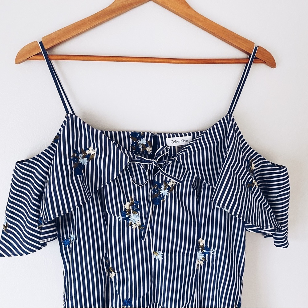 💕NWOT Calvin Klein Embroidery Floral Striped Cotton Cold Shoulder Dixie Prints - Picture 3 of 11